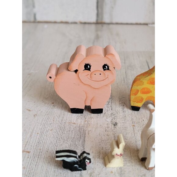 Vintage mini wooden animals giraffe skunk pig dog cat bunny set decor unique - Picture 2 of 7